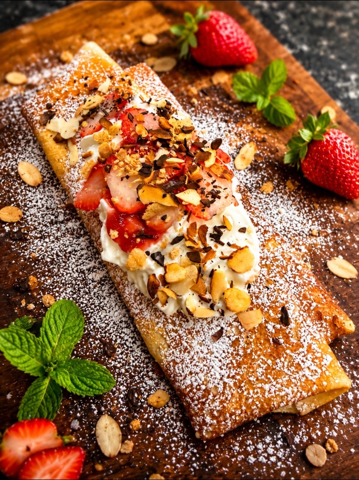 Strawberry crêpe with cream and toasted almonds